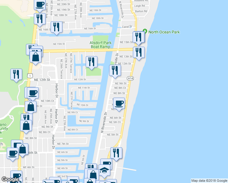 map of restaurants, bars, coffee shops, grocery stores, and more near in Pompano Beach
