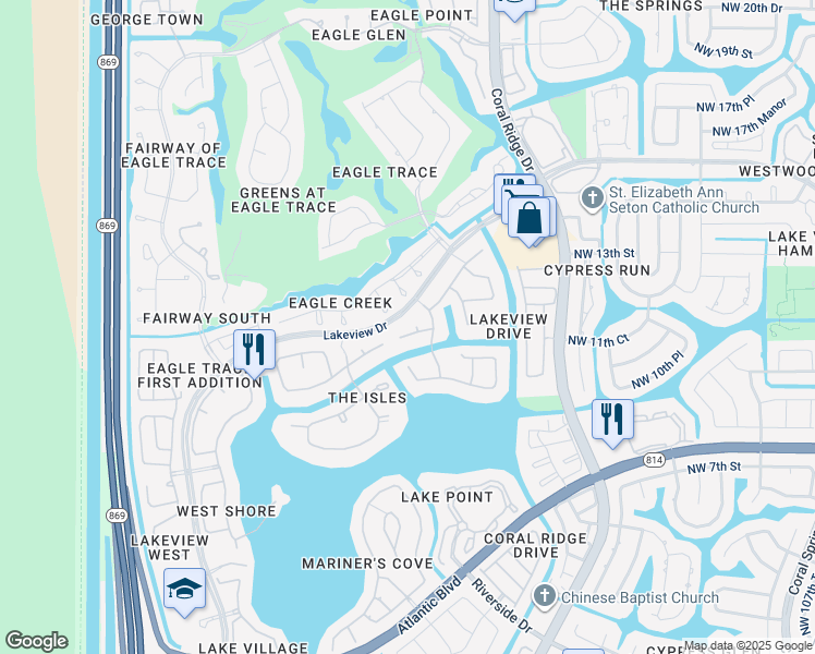 map of restaurants, bars, coffee shops, grocery stores, and more near 12052 Glenmore Drive in Coral Springs