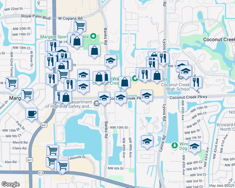 map of restaurants, bars, coffee shops, grocery stores, and more near 5185 Coconut Creek Parkway in Margate