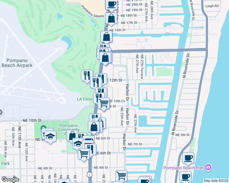 map of restaurants, bars, coffee shops, grocery stores, and more near 1161 Northeast 24th Avenue in Pompano Beach