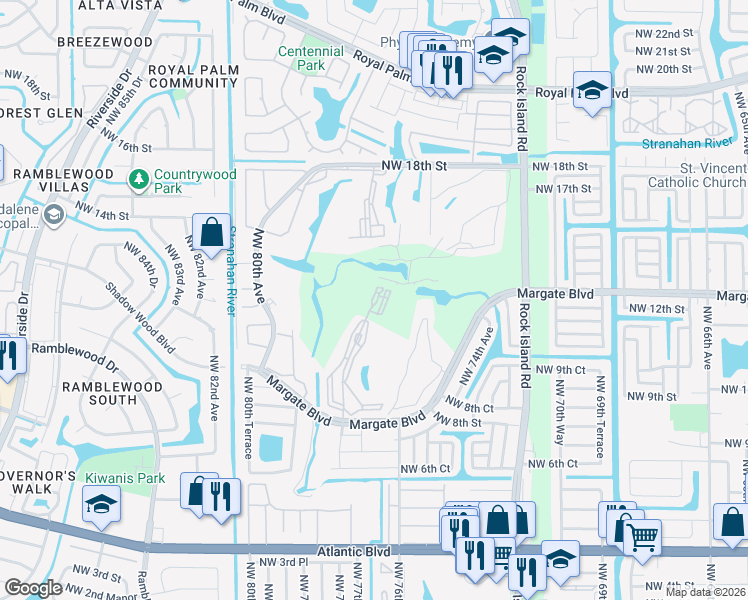 map of restaurants, bars, coffee shops, grocery stores, and more near 1100 Country Club Drive in Margate
