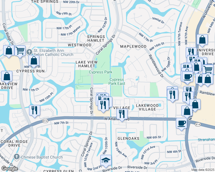 map of restaurants, bars, coffee shops, grocery stores, and more near 1055 Coral Club Drive in Coral Springs