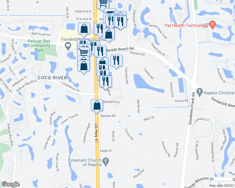 map of restaurants, bars, coffee shops, grocery stores, and more near 66 Emerald Woods Drive in Naples