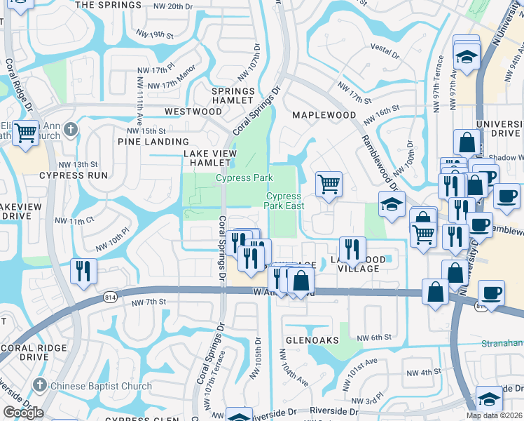 map of restaurants, bars, coffee shops, grocery stores, and more near 1055 Coral Club Drive in Coral Springs