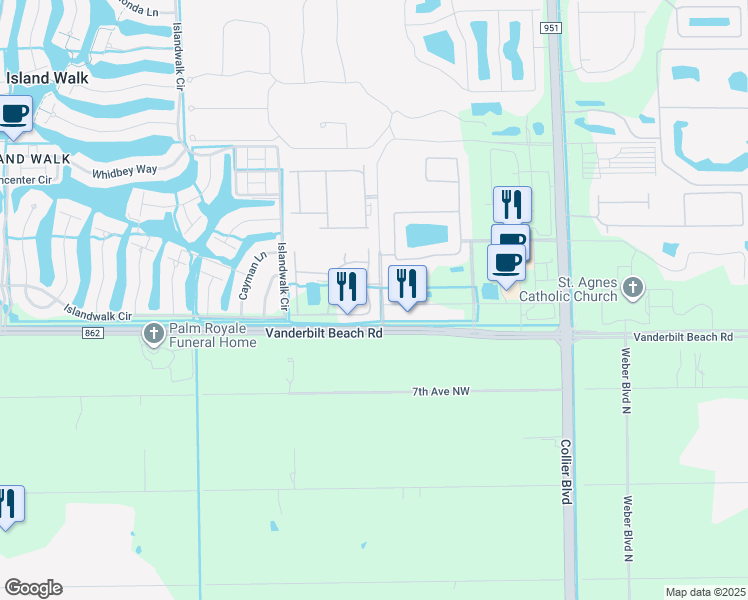 map of restaurants, bars, coffee shops, grocery stores, and more near 7205 Vanderbilt Way in Naples