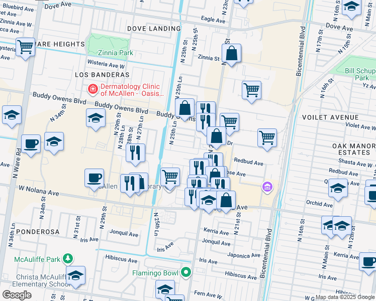map of restaurants, bars, coffee shops, grocery stores, and more near 2500 Redbud Avenue in McAllen