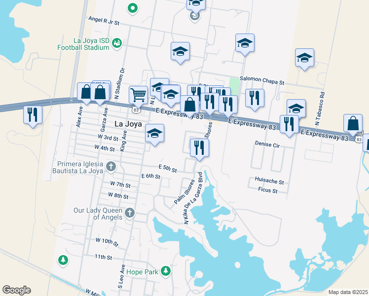 map of restaurants, bars, coffee shops, grocery stores, and more near 216 South Coyote Avenue in La Joya