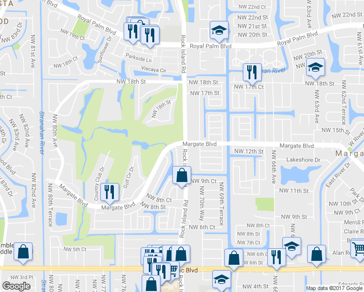 map of restaurants, bars, coffee shops, grocery stores, and more near 1215 North Rock Island Road in Margate