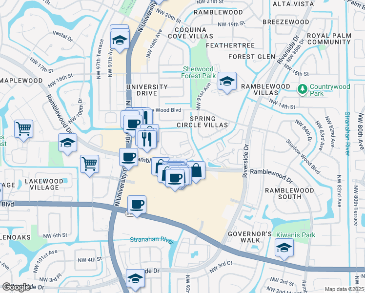map of restaurants, bars, coffee shops, grocery stores, and more near 9257 Ramblewood Drive in Coral Springs
