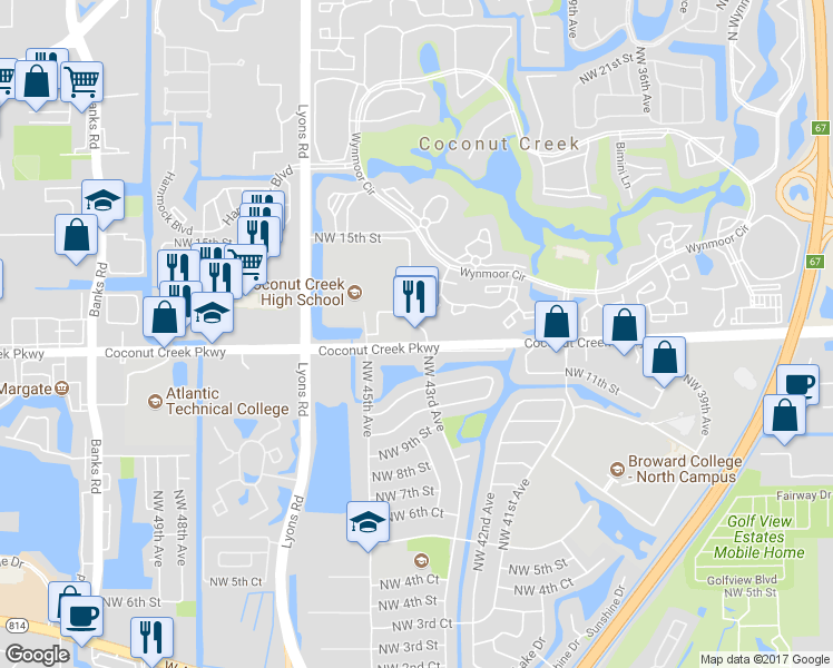 map of restaurants, bars, coffee shops, grocery stores, and more near 4301 Coconut Creek Parkway in Coconut Creek