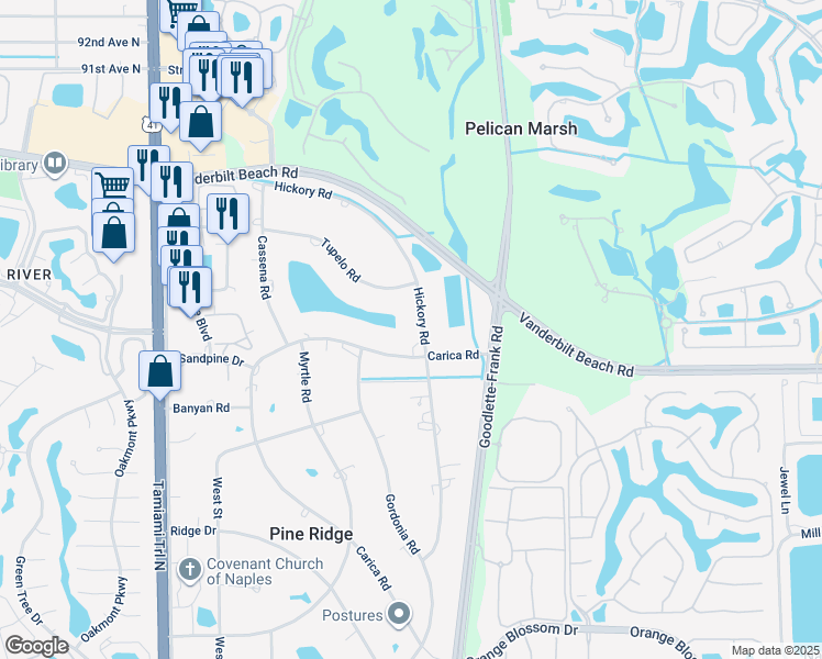 map of restaurants, bars, coffee shops, grocery stores, and more near 738 Hickory Road in Naples