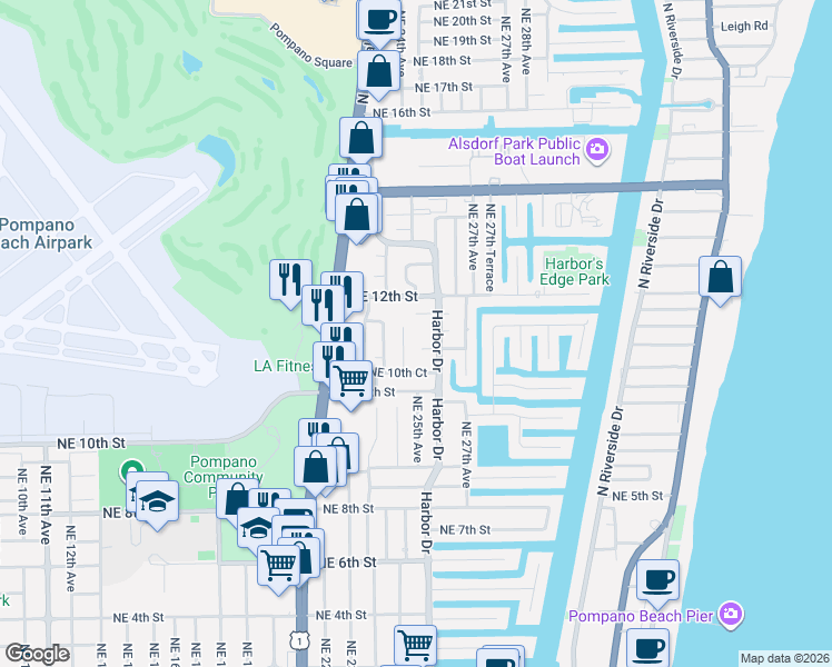 map of restaurants, bars, coffee shops, grocery stores, and more near 1160 Northeast 25th Avenue in Pompano Beach