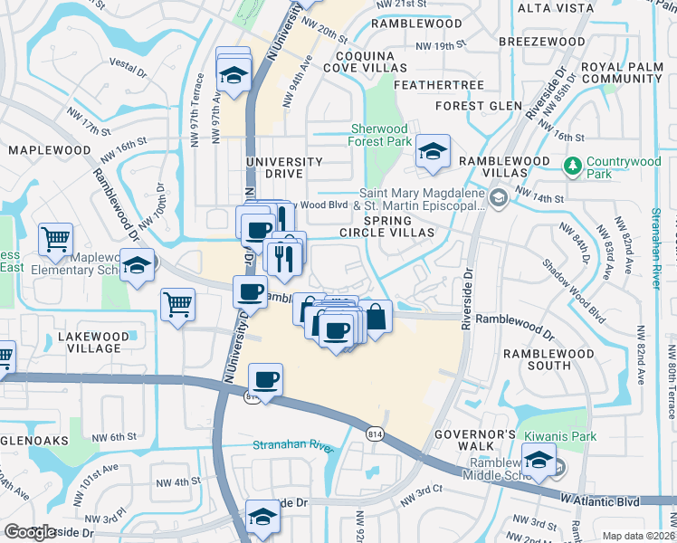 map of restaurants, bars, coffee shops, grocery stores, and more near 9257 Ramblewood Drive in Coral Springs
