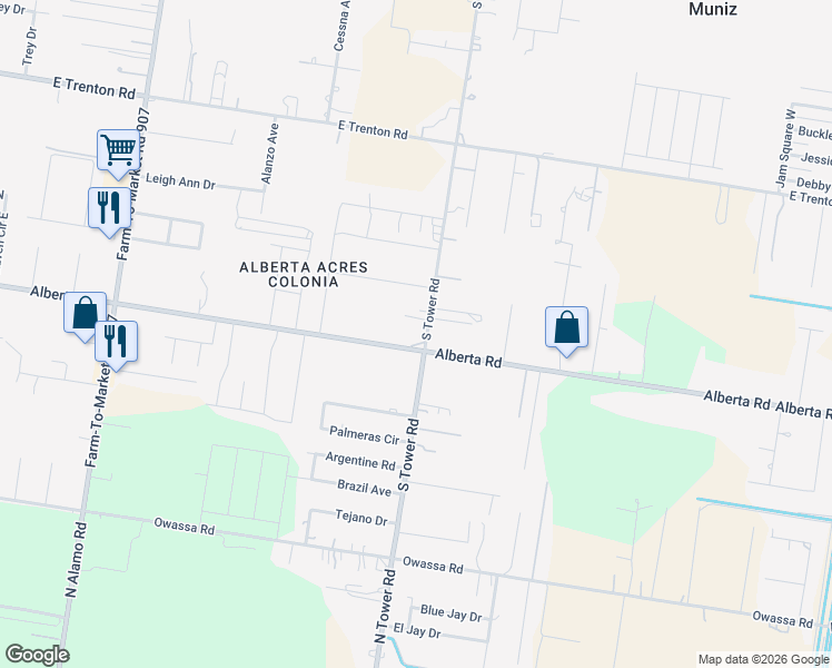 map of restaurants, bars, coffee shops, grocery stores, and more near 5104 South Tower Road in Edinburg