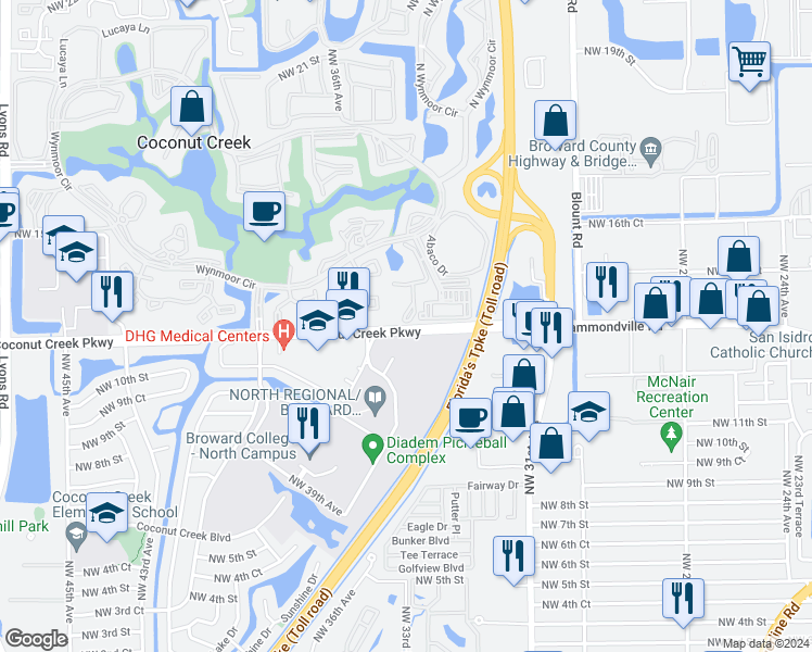 map of restaurants, bars, coffee shops, grocery stores, and more near 3401 Coconut Creek Parkway in Coconut Creek