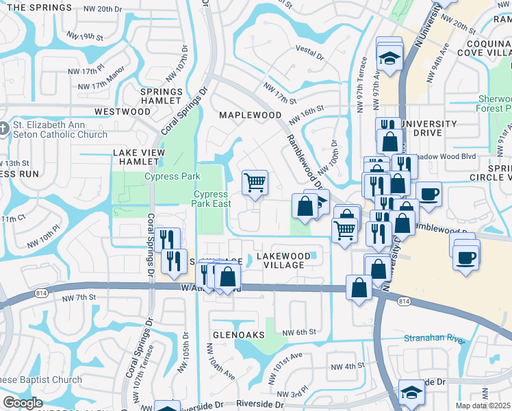 map of restaurants, bars, coffee shops, grocery stores, and more near 10300 Northwest 11th Manor in Coral Springs