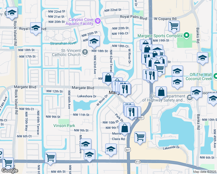 map of restaurants, bars, coffee shops, grocery stores, and more near 1403 Northwest 62nd Terrace in Margate