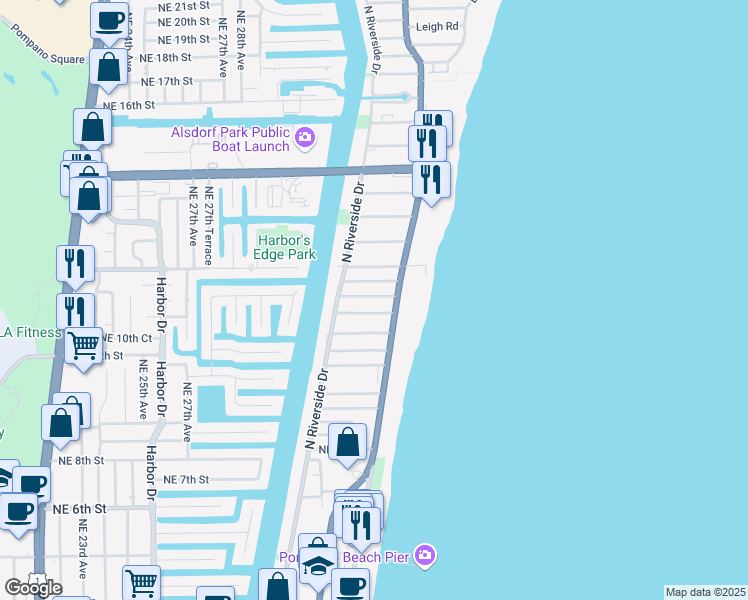 map of restaurants, bars, coffee shops, grocery stores, and more near 12 Northeast 8th Court in Pompano Beach