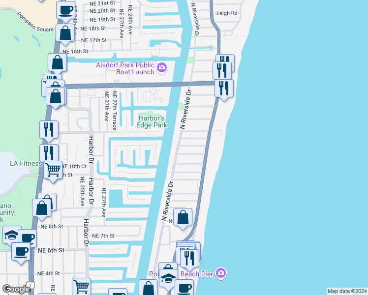 map of restaurants, bars, coffee shops, grocery stores, and more near in Pompano Beach