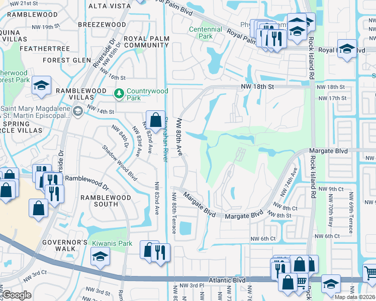 map of restaurants, bars, coffee shops, grocery stores, and more near 1402 Northwest 80th Avenue in Margate