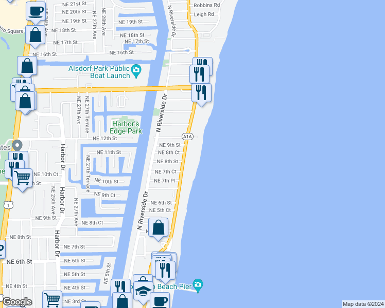 map of restaurants, bars, coffee shops, grocery stores, and more near 820 North Ocean Boulevard in Pompano Beach