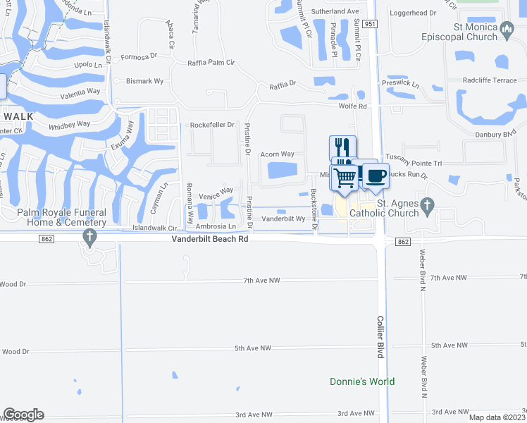 map of restaurants, bars, coffee shops, grocery stores, and more near 7205 Vanderbilt Way in Naples