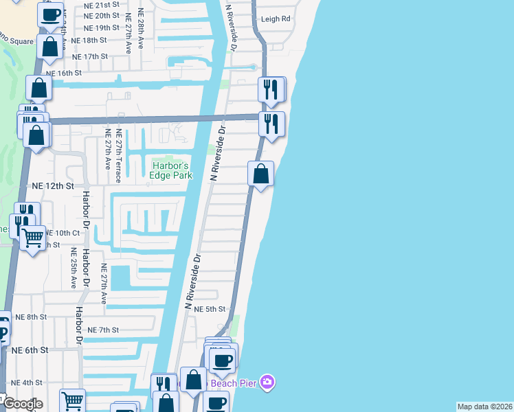 map of restaurants, bars, coffee shops, grocery stores, and more near 812 North Ocean Boulevard in Pompano Beach