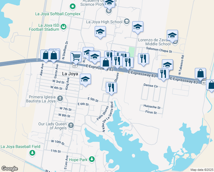 map of restaurants, bars, coffee shops, grocery stores, and more near 409 East 3rd Street in La Joya