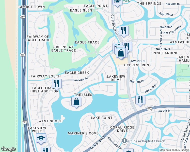 map of restaurants, bars, coffee shops, grocery stores, and more near 1125 Northwest 119th Avenue in Coral Springs