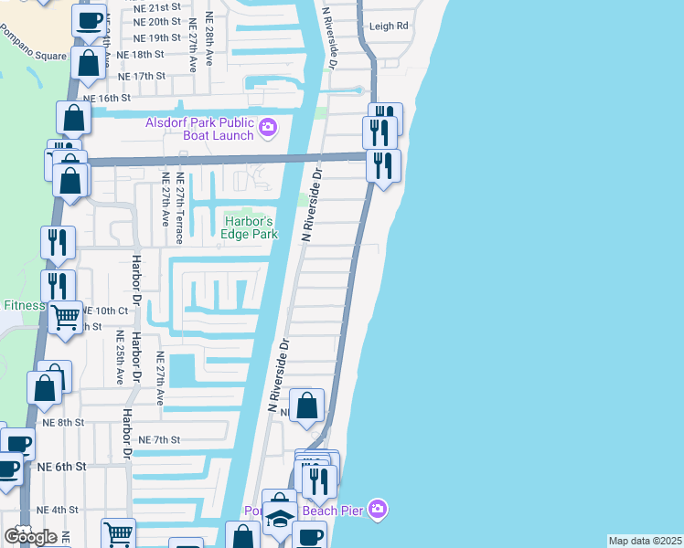 map of restaurants, bars, coffee shops, grocery stores, and more near 12 Northeast 8th Court in Pompano Beach