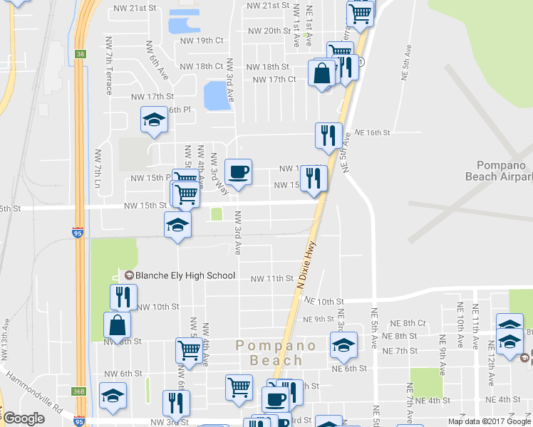 map of restaurants, bars, coffee shops, grocery stores, and more near 1421 Northwest 2nd Avenue in Pompano Beach