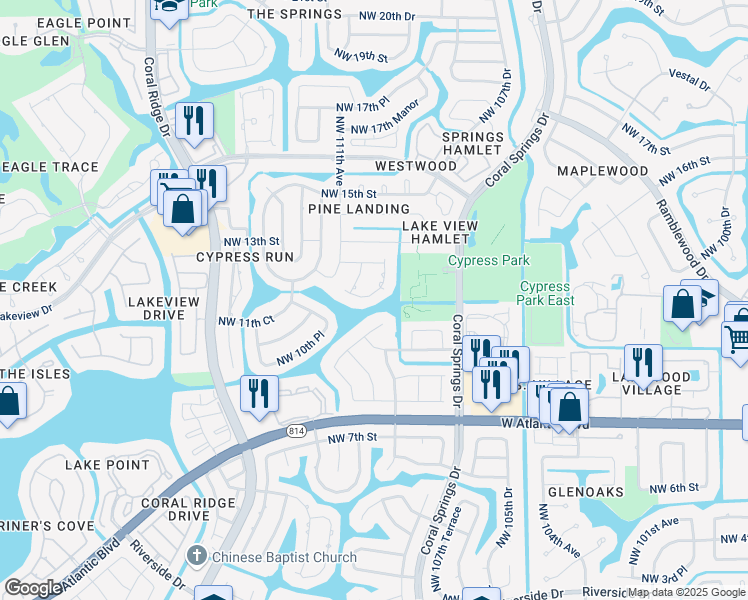 map of restaurants, bars, coffee shops, grocery stores, and more near 10963 Northwest 12th Drive in Coral Springs