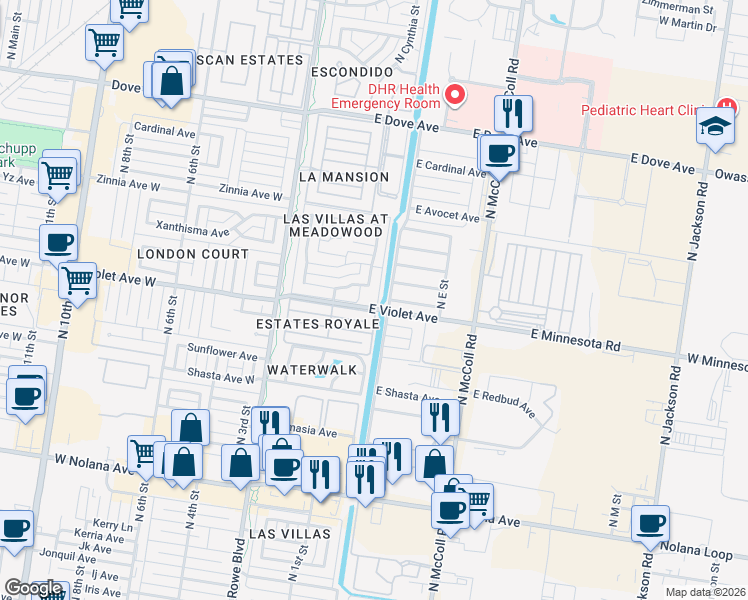 map of restaurants, bars, coffee shops, grocery stores, and more near 301 East Violet Avenue in McAllen