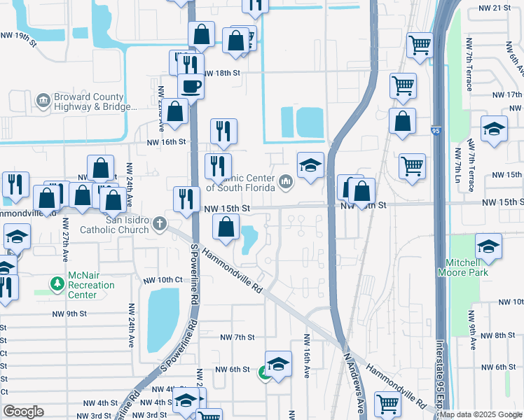 map of restaurants, bars, coffee shops, grocery stores, and more near 1851 Northwest 15th Street in Pompano Beach