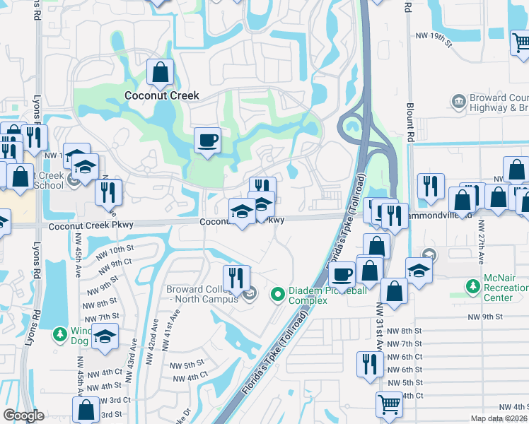 map of restaurants, bars, coffee shops, grocery stores, and more near 1209 Bahama Bend in Coconut Creek
