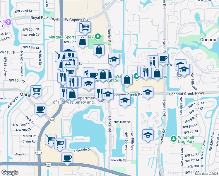 map of restaurants, bars, coffee shops, grocery stores, and more near 1447 Banks Road in Margate