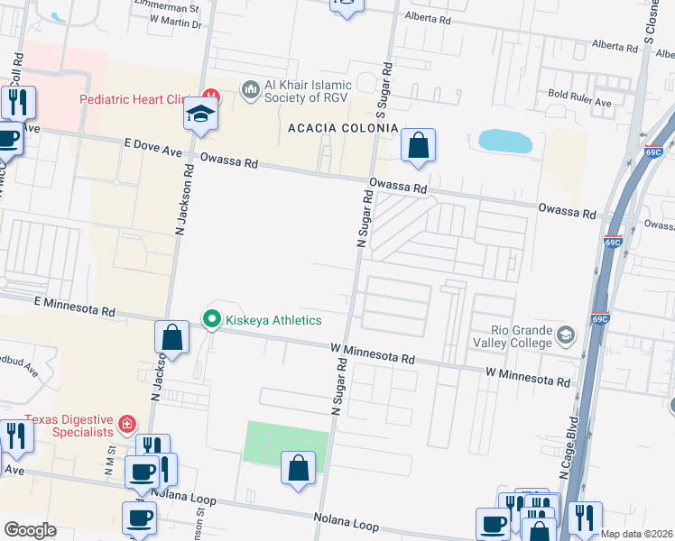 map of restaurants, bars, coffee shops, grocery stores, and more near 5605 North Sugar Road in Pharr