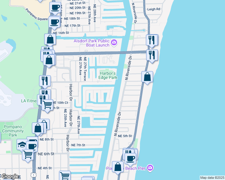 map of restaurants, bars, coffee shops, grocery stores, and more near 1100 Northeast 28th Terrace in Pompano Beach
