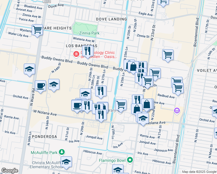 map of restaurants, bars, coffee shops, grocery stores, and more near 4312 N 27th St in McAllen