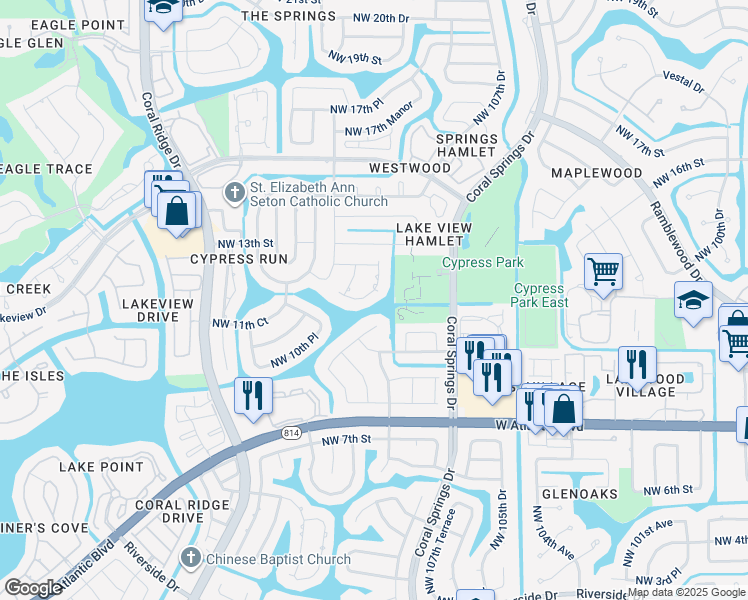 map of restaurants, bars, coffee shops, grocery stores, and more near 10963 Northwest 12th Drive in Coral Springs