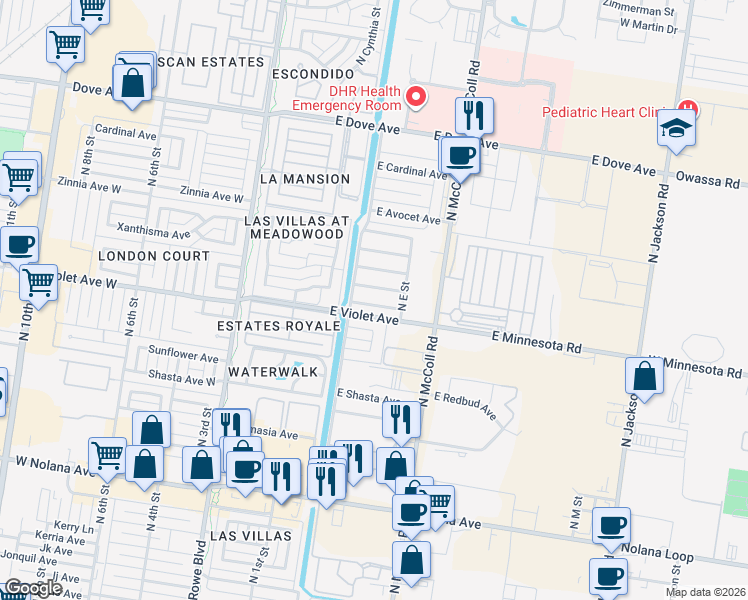 map of restaurants, bars, coffee shops, grocery stores, and more near 417 E Water Lilly Ave in McAllen