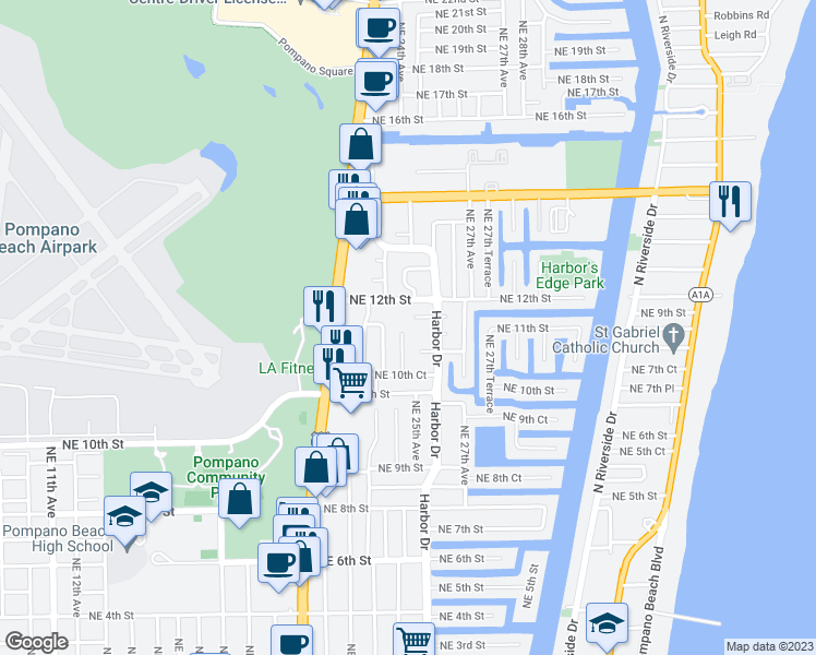 map of restaurants, bars, coffee shops, grocery stores, and more near 1160 Northeast 25th Avenue in Pompano Beach