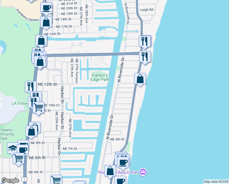 map of restaurants, bars, coffee shops, grocery stores, and more near 1100 Northeast 28th Terrace in Pompano Beach
