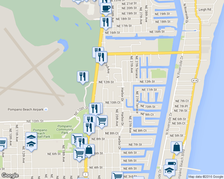 map of restaurants, bars, coffee shops, grocery stores, and more near 1160 Northeast 25th Avenue in Pompano Beach