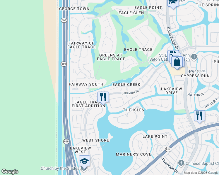 map of restaurants, bars, coffee shops, grocery stores, and more near 12229 Glenmore Drive in Coral Springs
