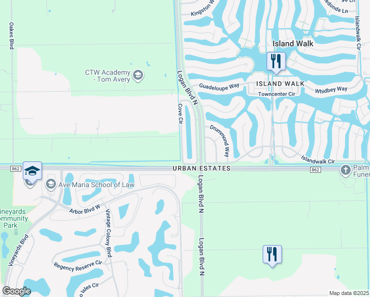 map of restaurants, bars, coffee shops, grocery stores, and more near 5565 Cove Circle in Naples