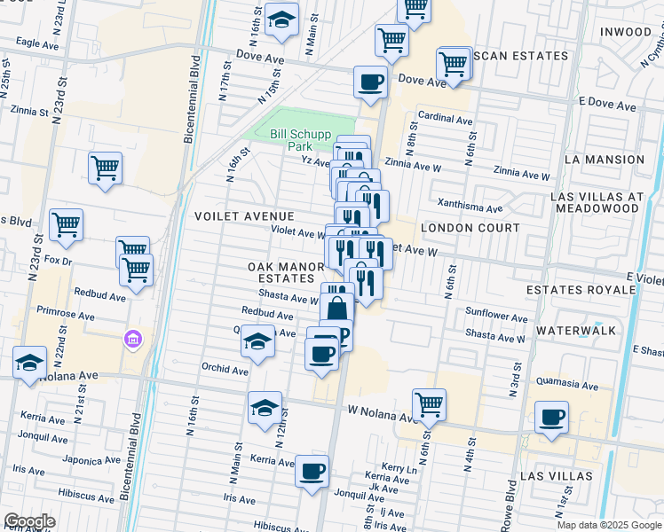 map of restaurants, bars, coffee shops, grocery stores, and more near 4608 North 11th Street in McAllen