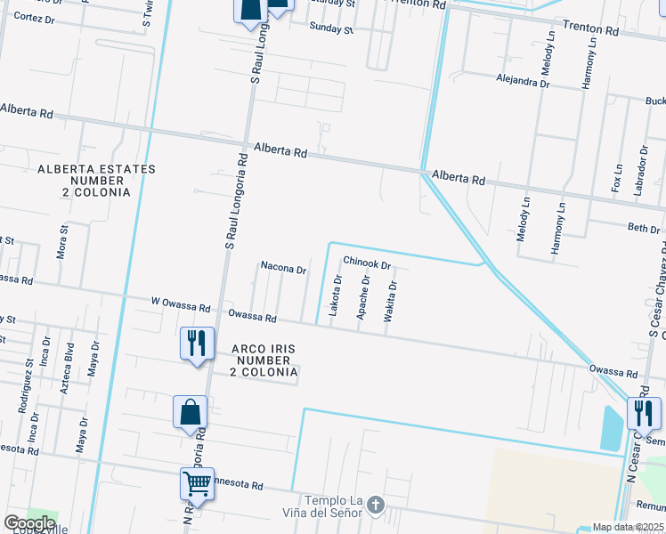 map of restaurants, bars, coffee shops, grocery stores, and more near 5511 Lakota Drive in Edinburg