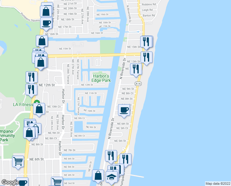 map of restaurants, bars, coffee shops, grocery stores, and more near 1100 Northeast 28th Terrace in Pompano Beach