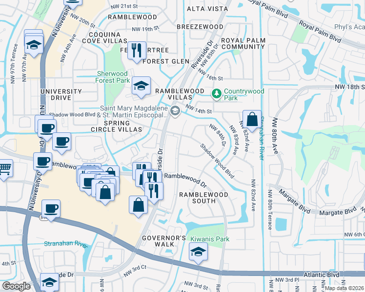 map of restaurants, bars, coffee shops, grocery stores, and more near 1239 Northwest 87th Avenue in Coral Springs